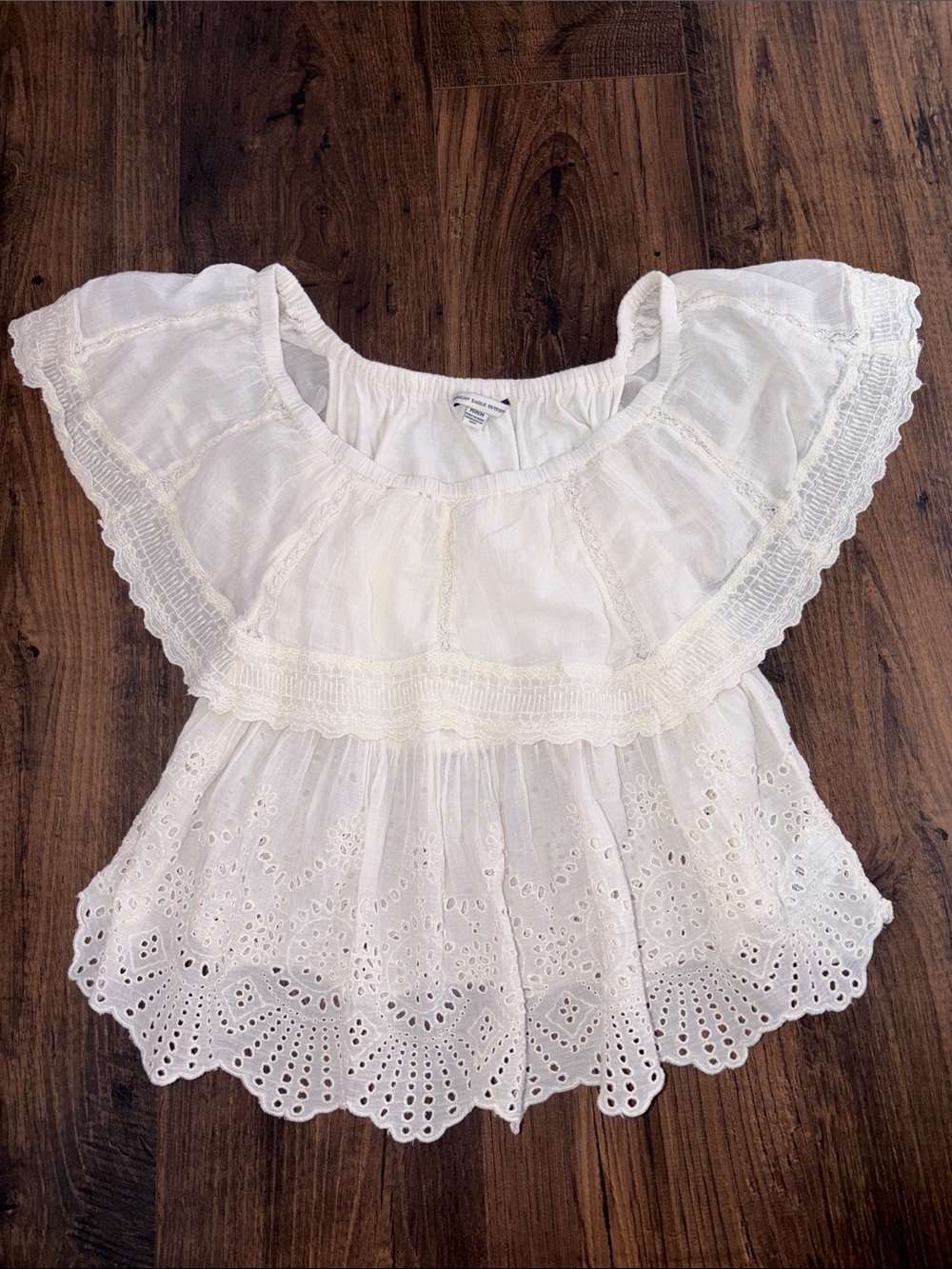 American Eagle Outfitters White Eyelet Off-Shoulder Ruffle Blouse